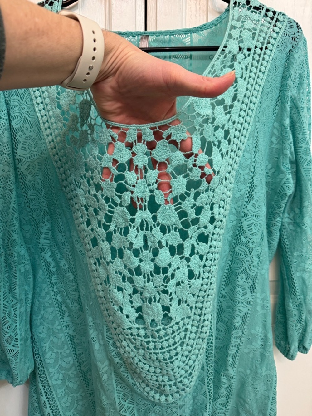Cottagecore Teal Crochet Lace Scoop Neck Blouse. Size L. Festival summer - Picture 4 of 5